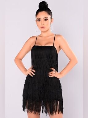 NWOT Fashion Nova Tiered Fringe Flapper Cami Mini Dress Black Size XS